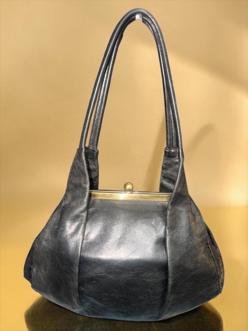 VTG HOBO Blanche Bag Black Glazed Nappa Leather Fortune Cookie Frame Satchel Y2K - Picture 10 of 10